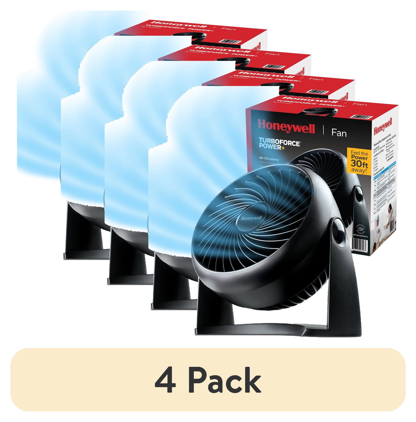(4 pack) Honeywell Ventilador de Mesa Pequeño de 10†Turbo Force Power, Potencia de Circulación de Aire de 30 Ft., Funcionamiento Silencioso, 3 Velocidades, Pivote de 90°, Montable en Pared, Negro, HPF820BWM