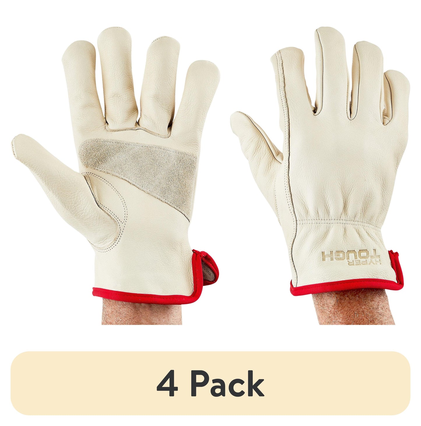 (4 pack) Hyper Tough Leather Work Gloves, Cowhide Leather, Beige, Medium (HT1250M)