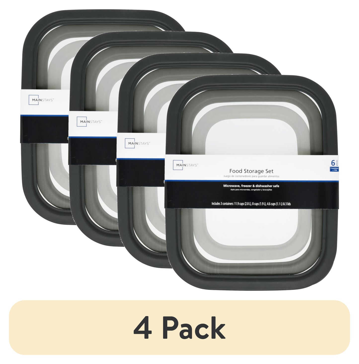 (Paquete de 4) Juego de Recipientes de Almacenamiento de Alimentos Duraderos de Plástico Mainstays, Gris, 6 Piezas
