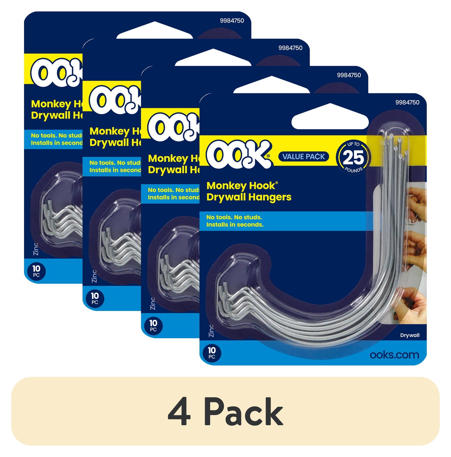 (4 pack) Ook Monkey Hook Picture Hangers, Spring Steel Picture Hanging Hooks for Drywall, 25 lbs, Zinc, Silver, 10 pack