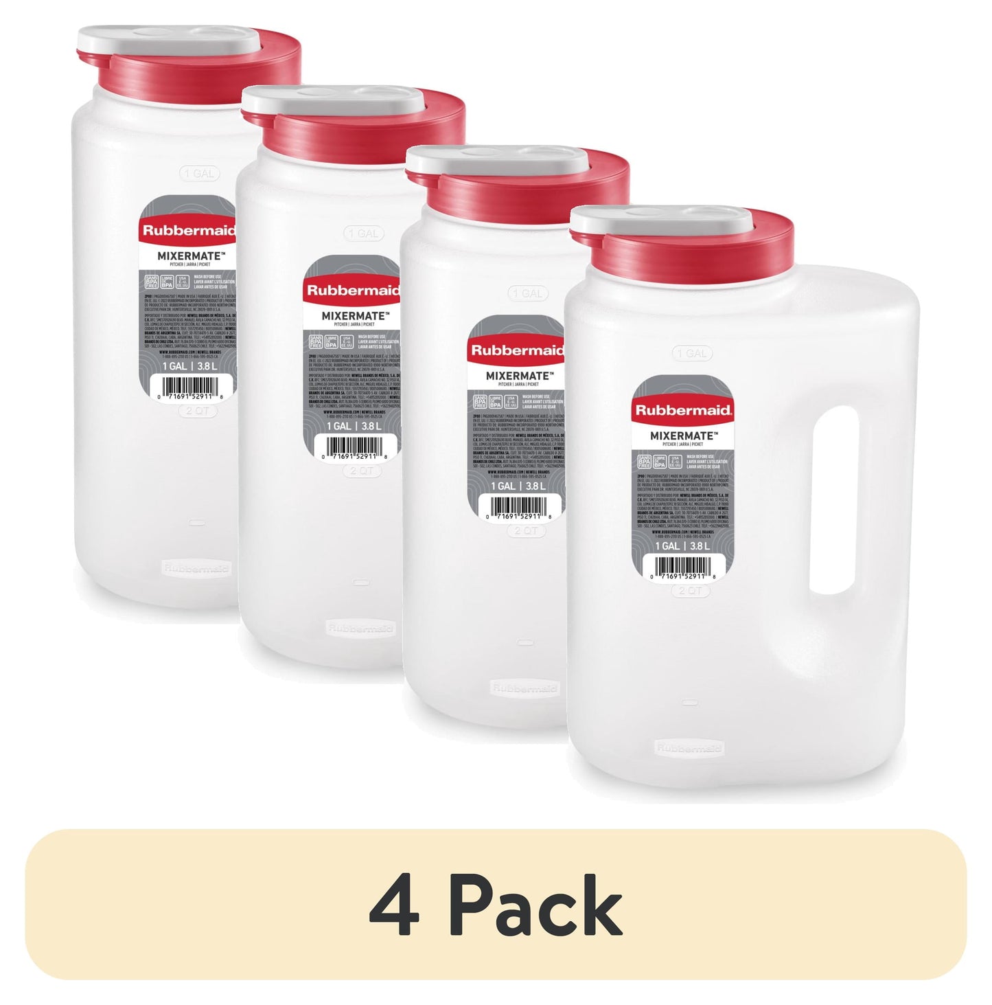 (Paquete de 4) Rubbermaid, Jarra, Jarra Resistente a Fugas Mixermate, Transparente, 3.8 Litros (1 Galón), Plástico, Plástico, 3.8 L, 1 gal, Útil para Almacenamiento de Bebidas Diarias