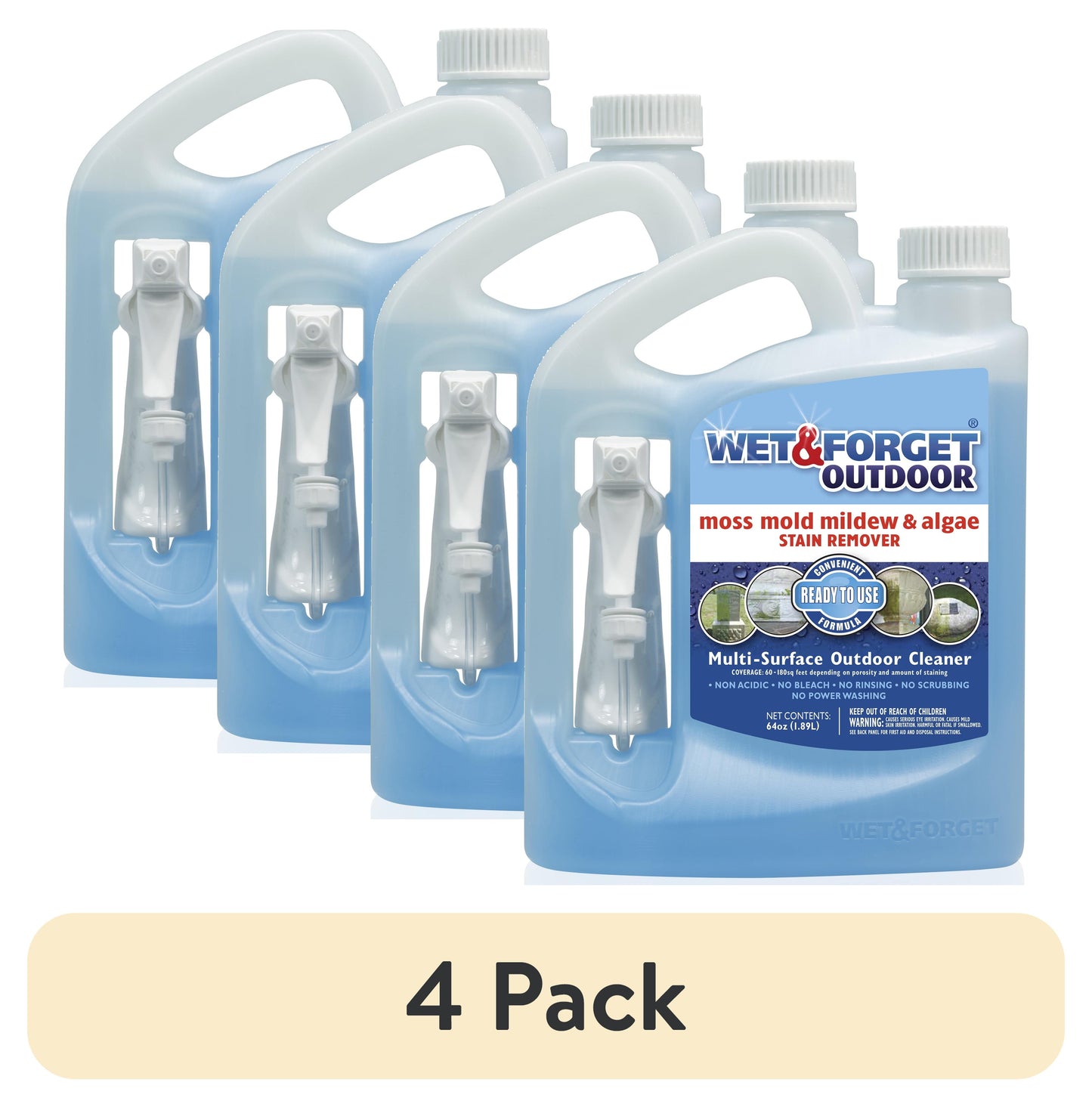 (4 pack) Wet & Forget Spray Quitamanchas para Exteriores de Musgo, Moho, Mildiu y Algas, 64 oz