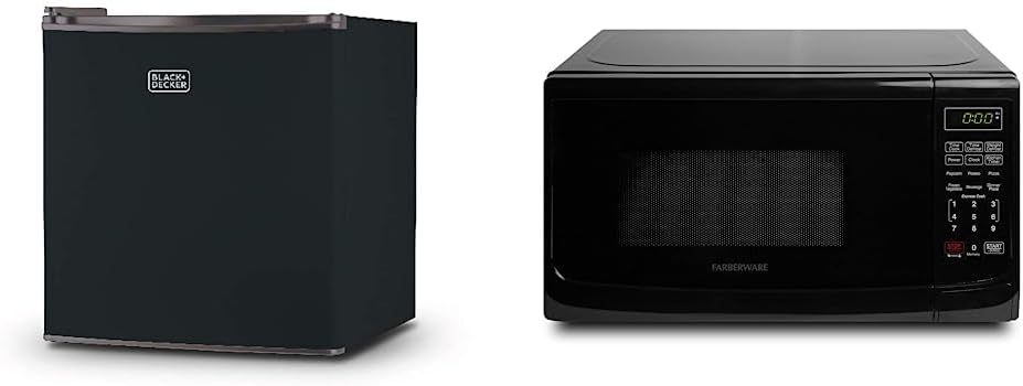 BLACK+DECKER BCRK17B Compact Refrigerator Energy Star Single Door Mini Fridge with Freezer, 1.7 Cubic Feet, Black & Farberware Countertop Microwave 700 Watts, 0.7 cu ft - Microwave Oven With LED