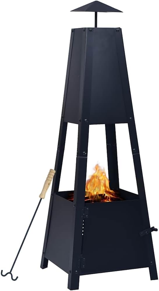 Fire Pit Black 13.8"x13.8"x39" Steel Outdoor Pyramid Design, Patio Heater with Poker, Backyard Bonfire Stove
