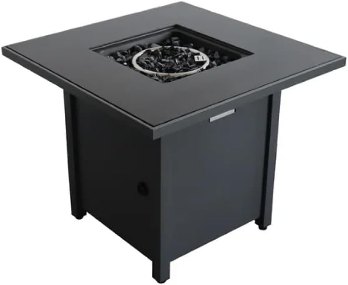 30-inch Square Steel Fire Pit Table, Grey Powder Coated Outdoor Gas Fire Pit with Lid & Lava Rocks, Push-Ignition Patio Heater for Backyard, Deck, Garden