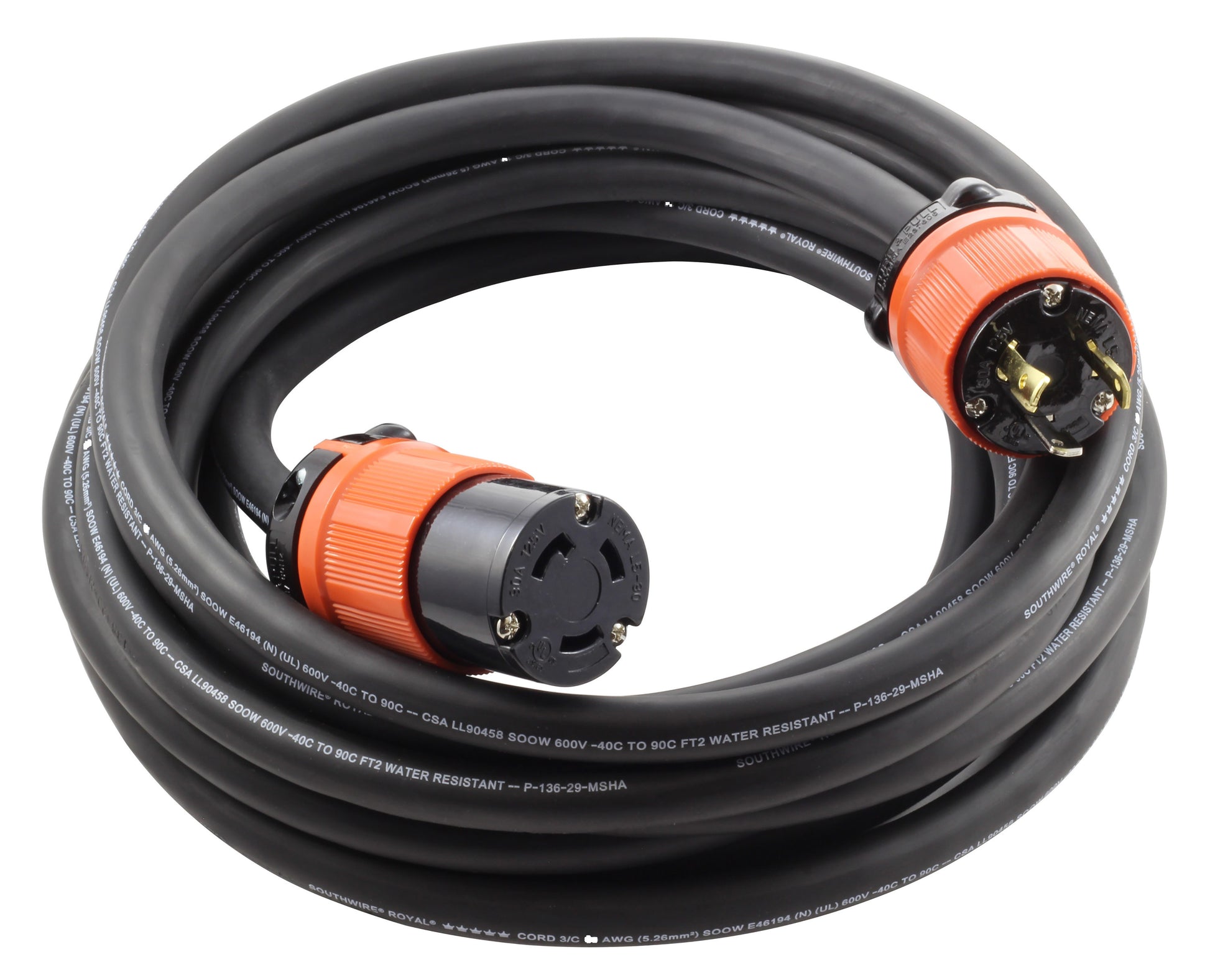 AC WORKS 75ft NEMA L5-30 Cord 75-ft 10 / 3 3 Prong Black Indoor/Outdoor SOOW Heavy Duty Locking Extension Cord
