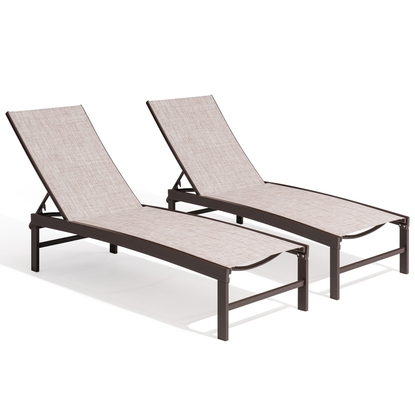 Crestlive Products Outdoor Patio Adjustable Chaise Lounge Chair Set of 2 Brwon Aluminum Frame Stationary Chaise Lounge Chair with Off-white Texteline Sling Seat
