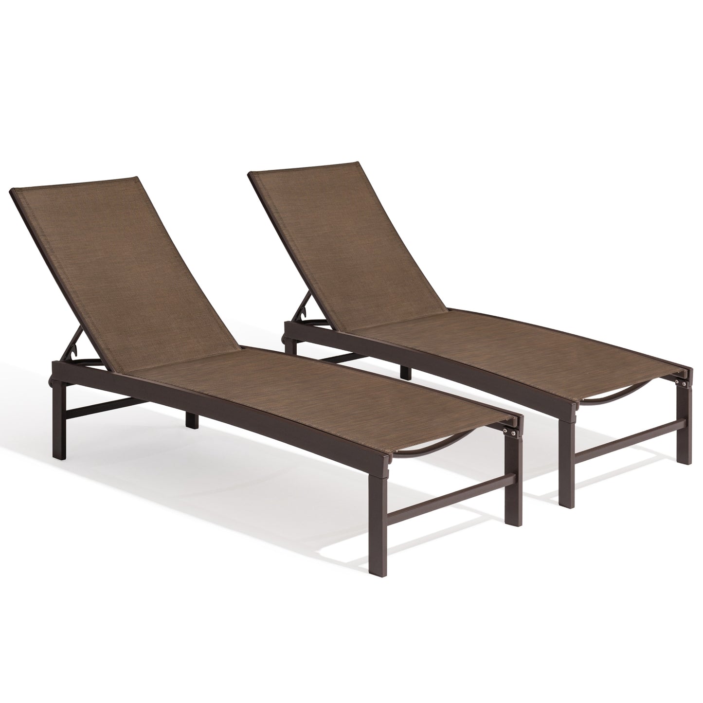 Crestlive Products Outdoor Patio Adjustable Chaise Lounge Chair Set of 2 Brwon Aluminum Frame Stationary Chaise Lounge Chair with Brown Texteline Sling Seat