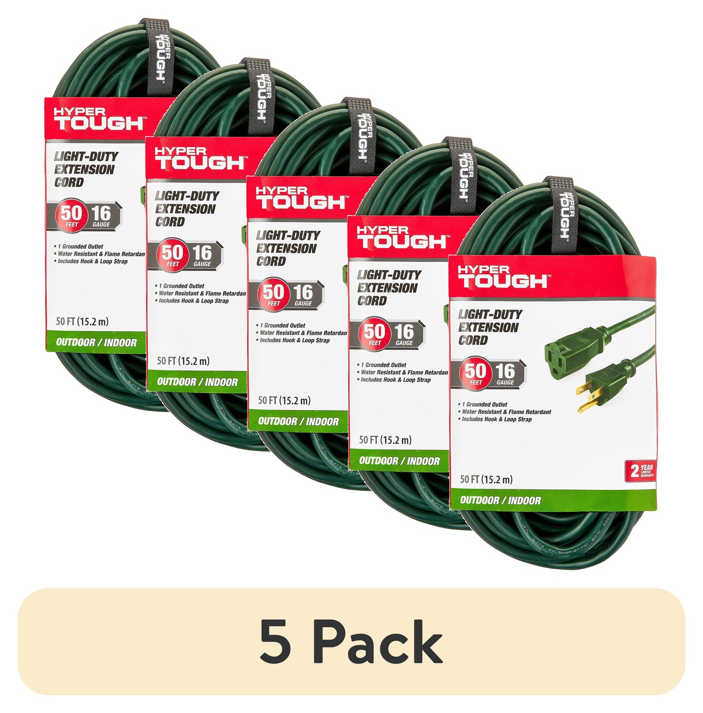 (5 pack) Hyper Tough 50 Ft 16AWG 3-Prong Green Single Outlet Outdoor Extension Cord, 13 Amps