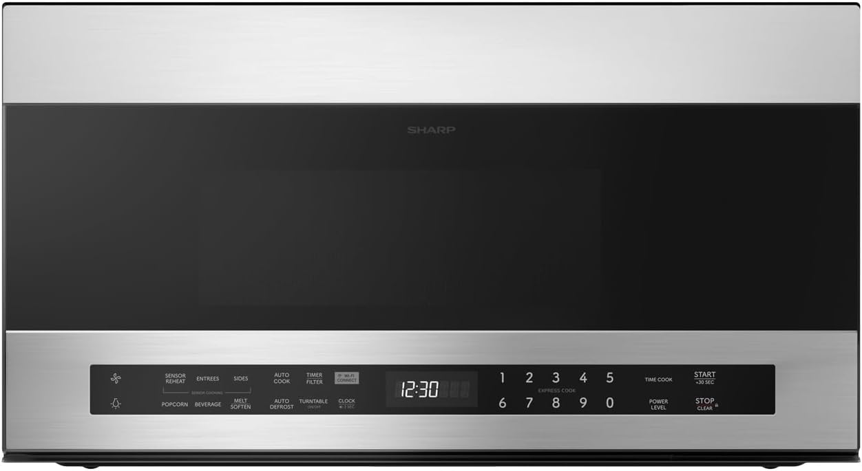 SHARP SMO1759JS Smart Over the Range Microwave Oven with 13.6" Carousel Turntable, 30-inch, 1.7 Cubic Feet, 1,000 Watt, 300CFM Fan, Sensor Cooking, Compatible with Alexa, Edge to Edge Black Glass