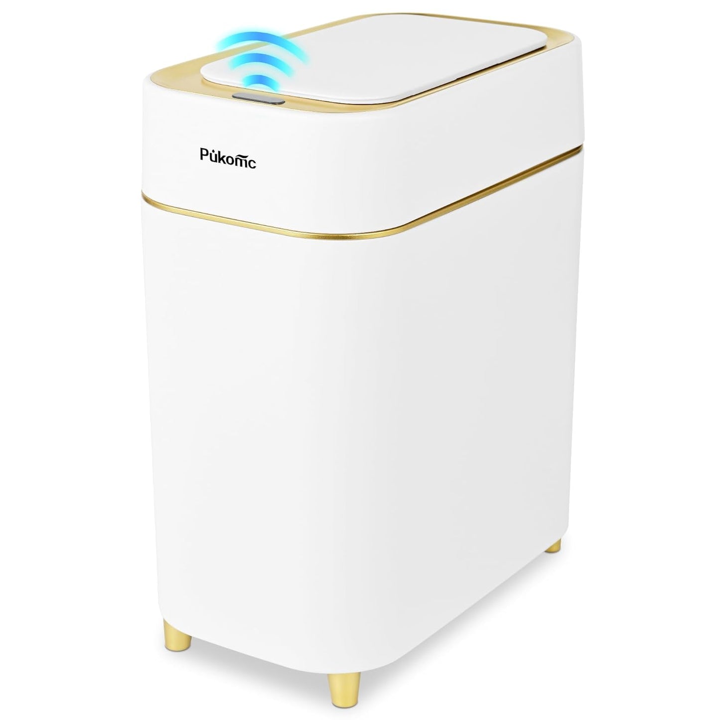 Pukomc 2.3 Gallon \/ 9L Automatic Adsorption Sensor Trash Can, White Gold Motion Sensor Garbage Bin with Vacuum Suction, Slim Fashionable Design for Kitchen, Bathroom, Office & Small Space