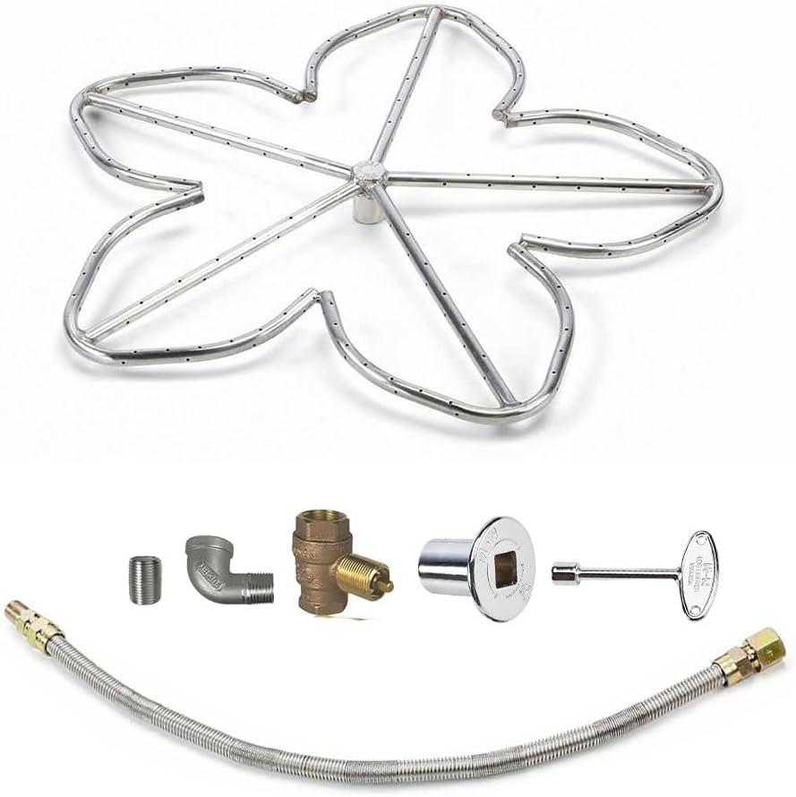 HPC Penta Match Lit Fire Pit Burner Kit (FPS-PENTA36KIT-NG-MSCB) with 36-Inch Stainless Steel Burner, Natural Gas, Polished Chrome, with Flange, Key, Valve, Flex Line and Fittings