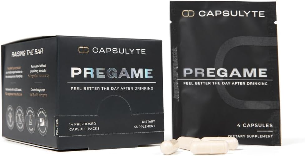 CAPSULYTE Pregame | Prevent Feeling Awful After Drinking | Alcohol Aid and Liver Health | Doctor Formulated | DHM, N-Acetyl Cysteine NAC, Milk Thistle | Box of 14 Packets (56 Capsules)