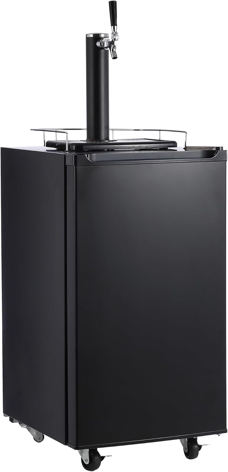 Beer Kegerator, Single Tap Draft Beer Dispenser, Full Size Kegerator and Keg Beer Cooler With Shelves & Drip Tray & 4 Casters, Stainless Steel Keg Dispenser, 32°F- 50°F Temperature Control, 97L