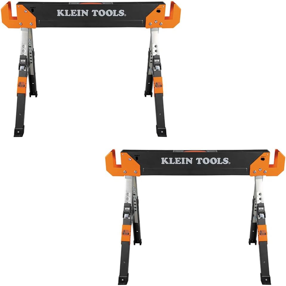 Klein Tools 80178 Folding Saw Horse, Adjustable 26 to 32-Inch Height, 2x4 Support Arms, Heavy Duty Jobsite Table, 2-Pack
