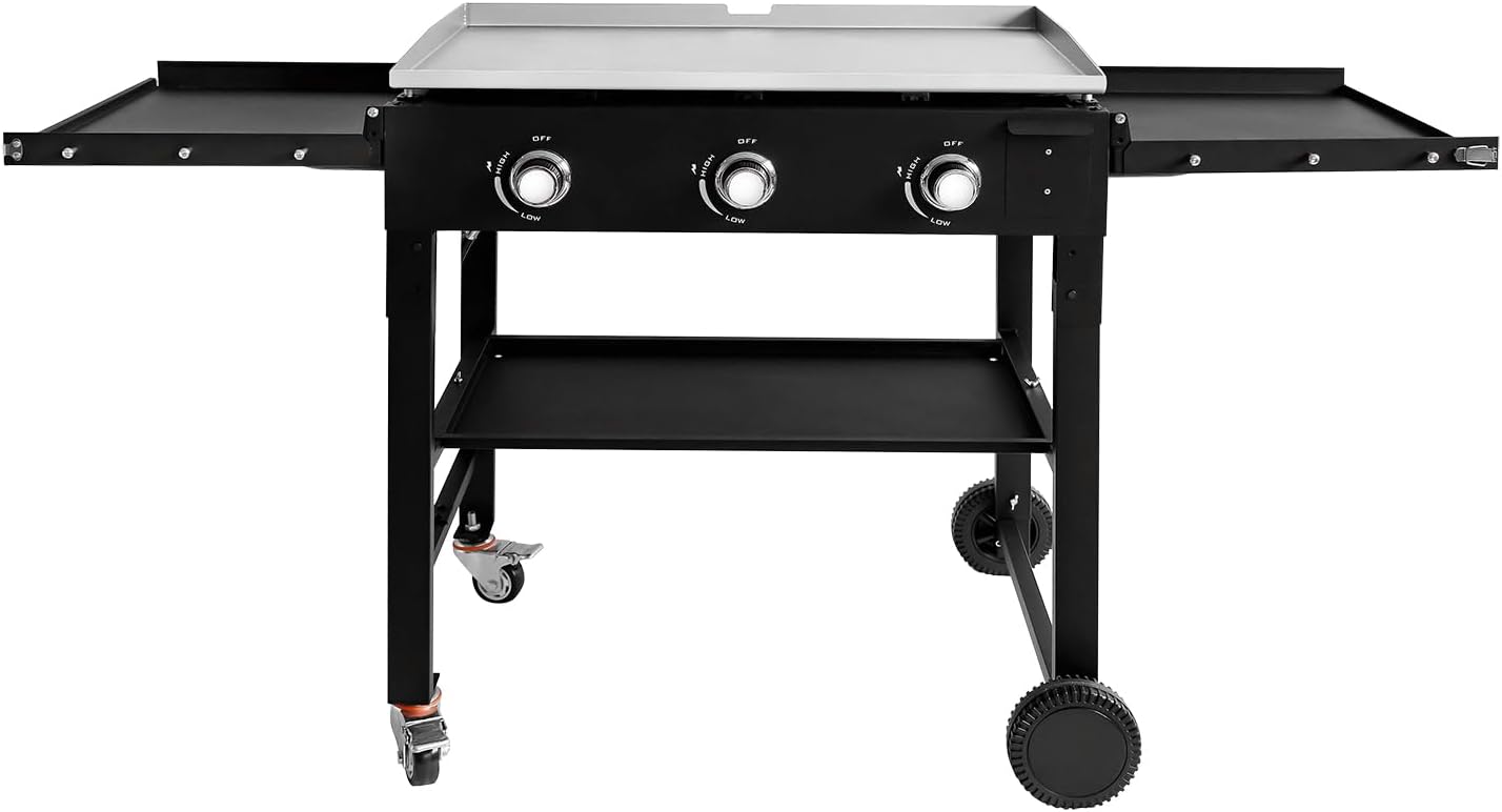Alpine Cuisine Cast Iron Griddle & 3 Burner Gas Grill Combo, Outdoor Cooking Station with Side Shelves & Wheels | 67" x 24" x 35"