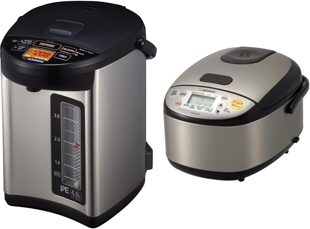 Zojirushi CV-JAC40XB Water Boiler & Warmer, 4.0-Liter, Stainless Black & NS-LGC05XB Micom Rice Cooker & Warmer, 3-Cups (uncooked), Stainless Black