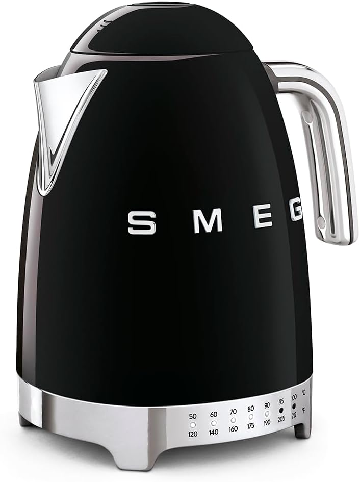 SMEG 7-Cup Variable Temperature Electric Kettle - Retro Style Aesthetic with Advanced Technology - Stainless Steel, 1400W, 120V, 360° Swivel Base, Keep Warm Function (Black)