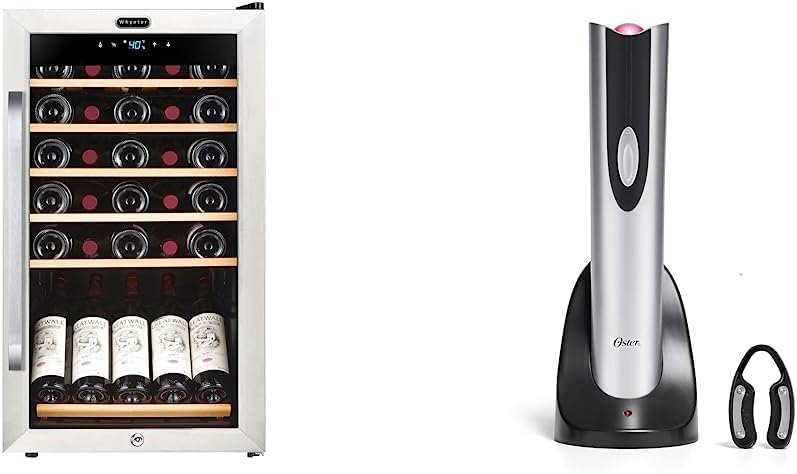 Whynter FWC-341TS 34 Bottle Freestanding Stainless Steel Wine Refrigerator with Display Shelf and Digital Control & Oster Electric Wine Opener and Foil Cutter Kit with CorkScrew and Charging Base