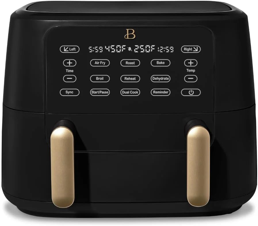 Beautiful 9QT TriZone Air Fryer – 2-in-1 Dual Basket Air Fryer with Touch Display, Sync Cook & Elegant Matte Finish by Drew Barrymore – Oil-Less, Healthy Cooking, Dishwasher Safe – Black Sesame