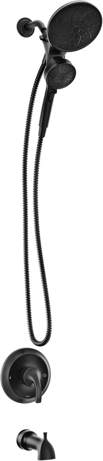 Moen Engage Magnetix Matte Black Multi-Function Handshower and Rainfall Shower Head Trim Combo with Shower Handle, Tub Spout, Metal Hose, and Valve, 82304BL