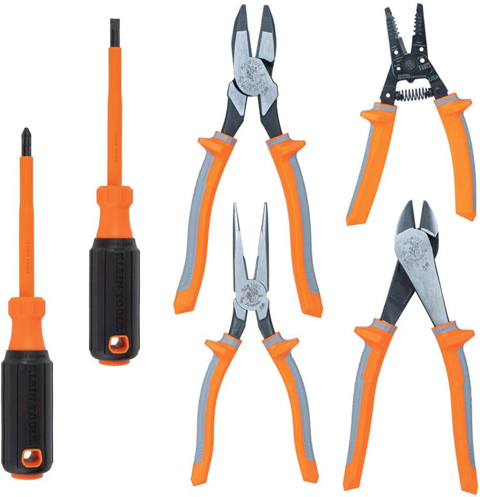 Klein Tools 9418R 1000V Insulated Tool Set, Made in USA, with Side Cutter, Diagonal-Cutter, Long-Nose Pliers, 2 Screwdrivers and Wire Stripper, 6-Piece