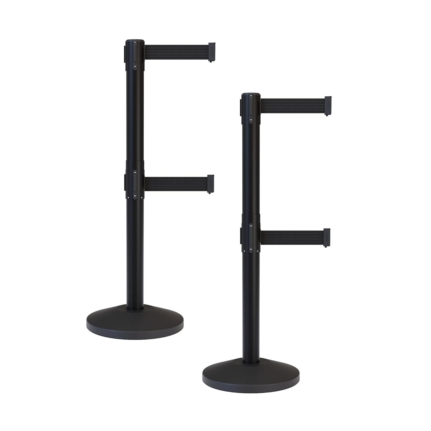 CCW Series RBB-100D - Set of 2 Stanchion Retractable Belt Barriers Dual Belt - Easy to Assemble, No Tools Required (11 Foot Belt, Black Belt with Black Post)