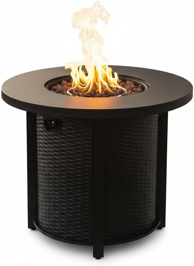 30 Inch Outdoor Propane Fire Pit Table,50000 BTU Steel Gas Firepit with Lava Rocks & Cover, Portable Round Patio Heater for Deck Garden Backyard Black