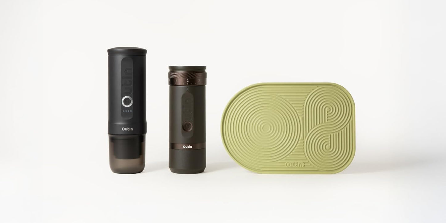 OutIn Nano Portable Electric Espresso Machine, Electric Coffee Grinder, Silicone Coffee Mat