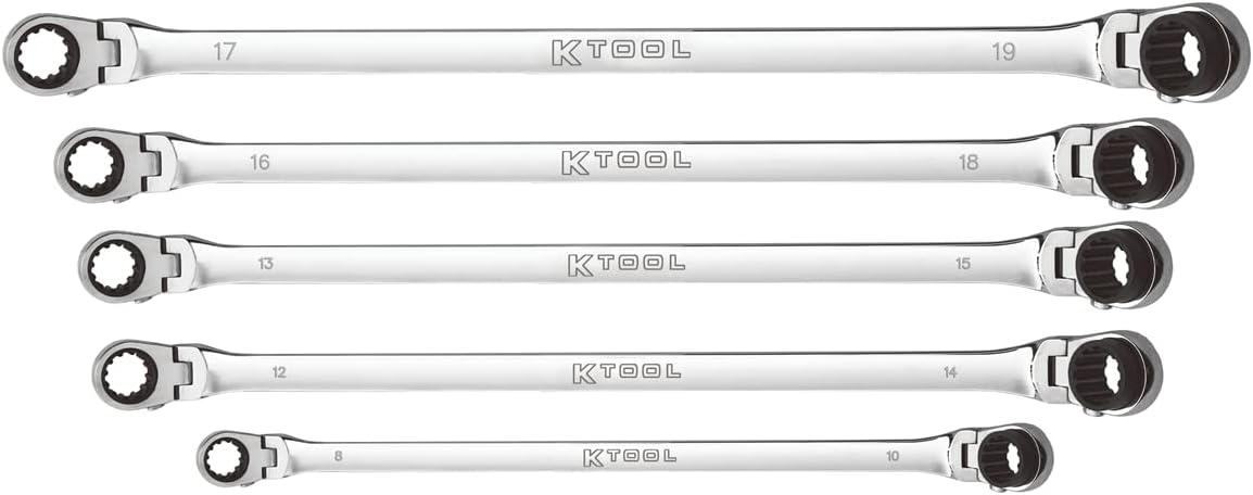 K Tool International XDDBM10 5 Piece Reversible Double Box Ratcheting Wrench Set for Garages, Repair Shops, and DIY, Black