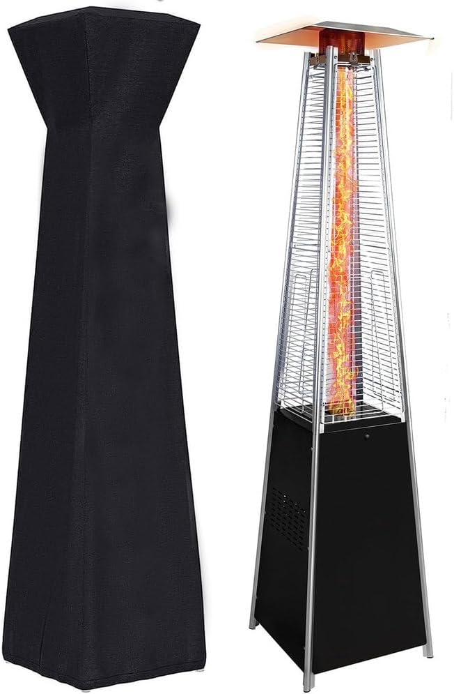 Patio Heater, 48,000 BTU Pyramid Propane Outdoor Heater with Glass Tube Flame, Wheels & Protective Cover, One-Touch Ignition, Safety Shut-Off – Backyard, Patio, Garden, Porch