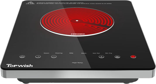 Electric Cooktop, TOPWISH 110-120V Electric Stove Top Single Burner Cooktop LED Touch Control, Child Lock, 10 Power Level, Residual Heat Indicator, 1300W Plug in Glass Countertop Burner for Cooking