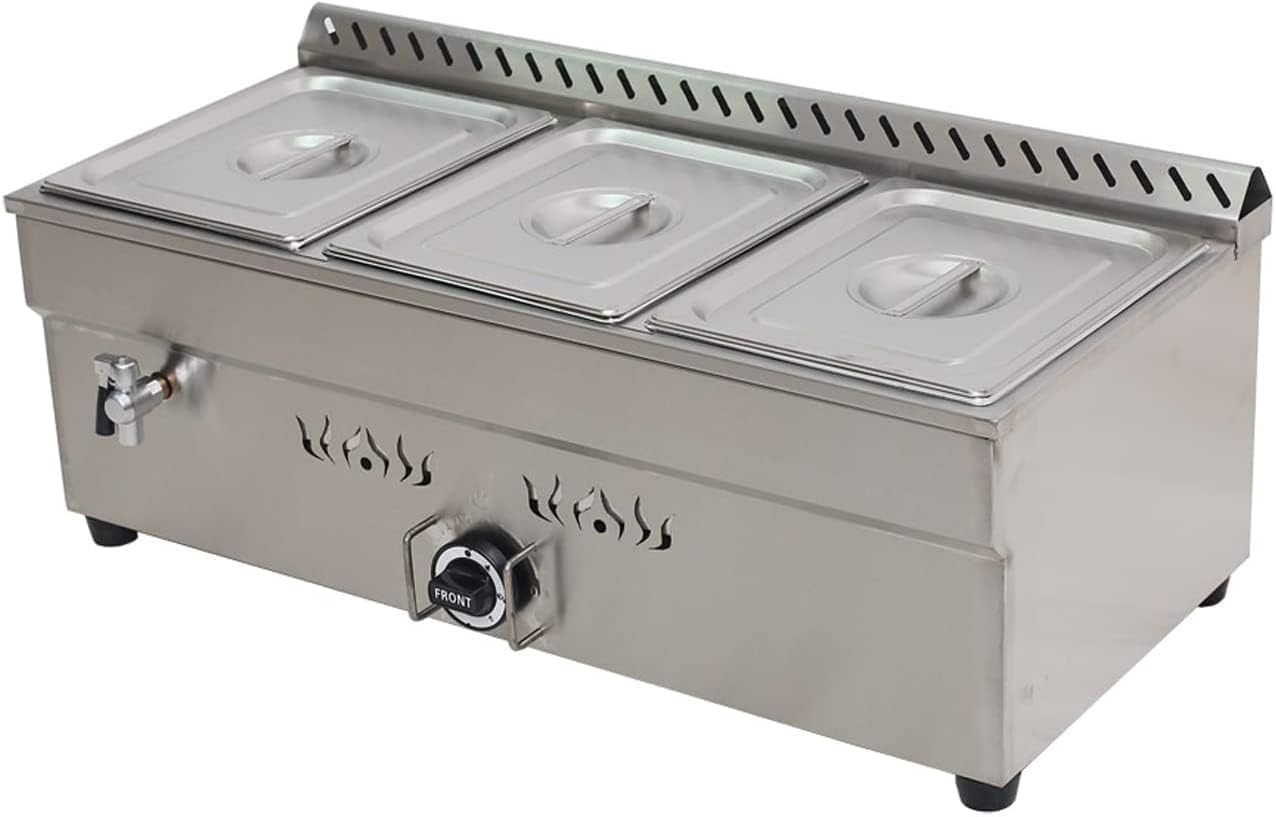 INTBUYING LP Gas Food Soup Warmer Stove Bain Marie Commercial Canteen Buffet Steam Heater Stainless Steel 12''x8.7''x4''Pan (with Gas Regulator Valve)-3 Pan