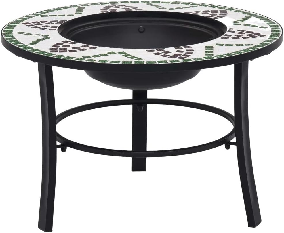 26.8" Green Mosaic Steel Fire Pit with Ceramic Tabletop | 3-Leg Outdoor Patio Heater & BBQ Grill | Includes Fire Grid