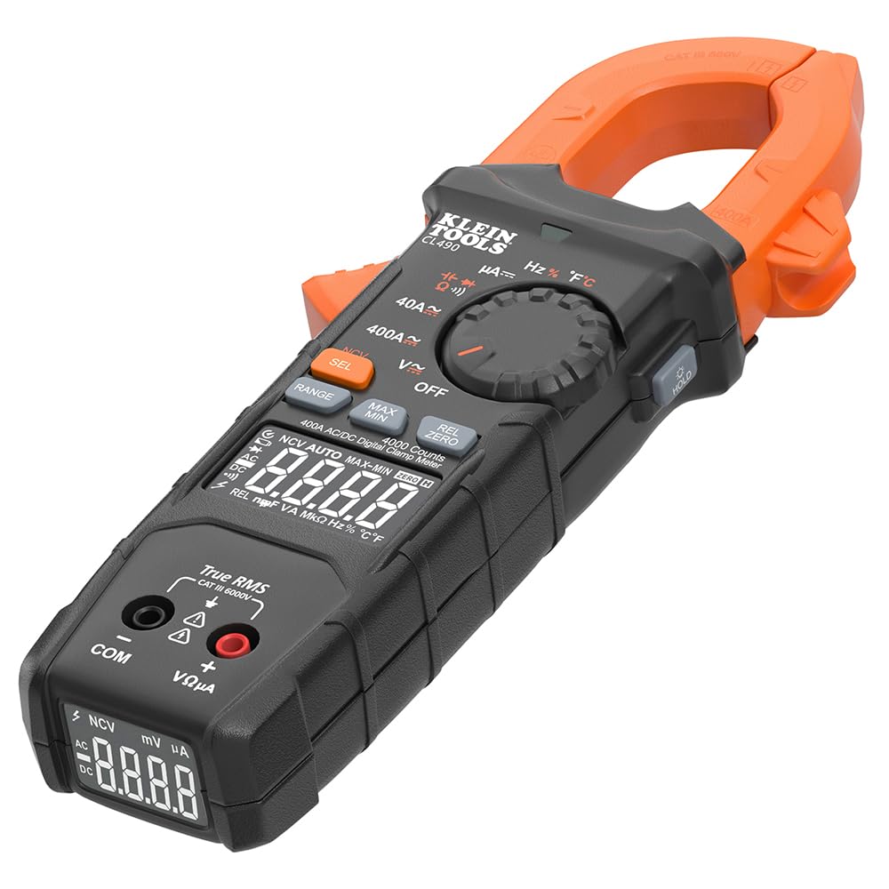 Klein Tools CL490 AC\/DC Digital Clamp Meter with TRMS, Dual Display, Auto-Ranging, Current, Voltage, Resistance, Continuity, NCVT Detection, and Reverse Contrast LCD