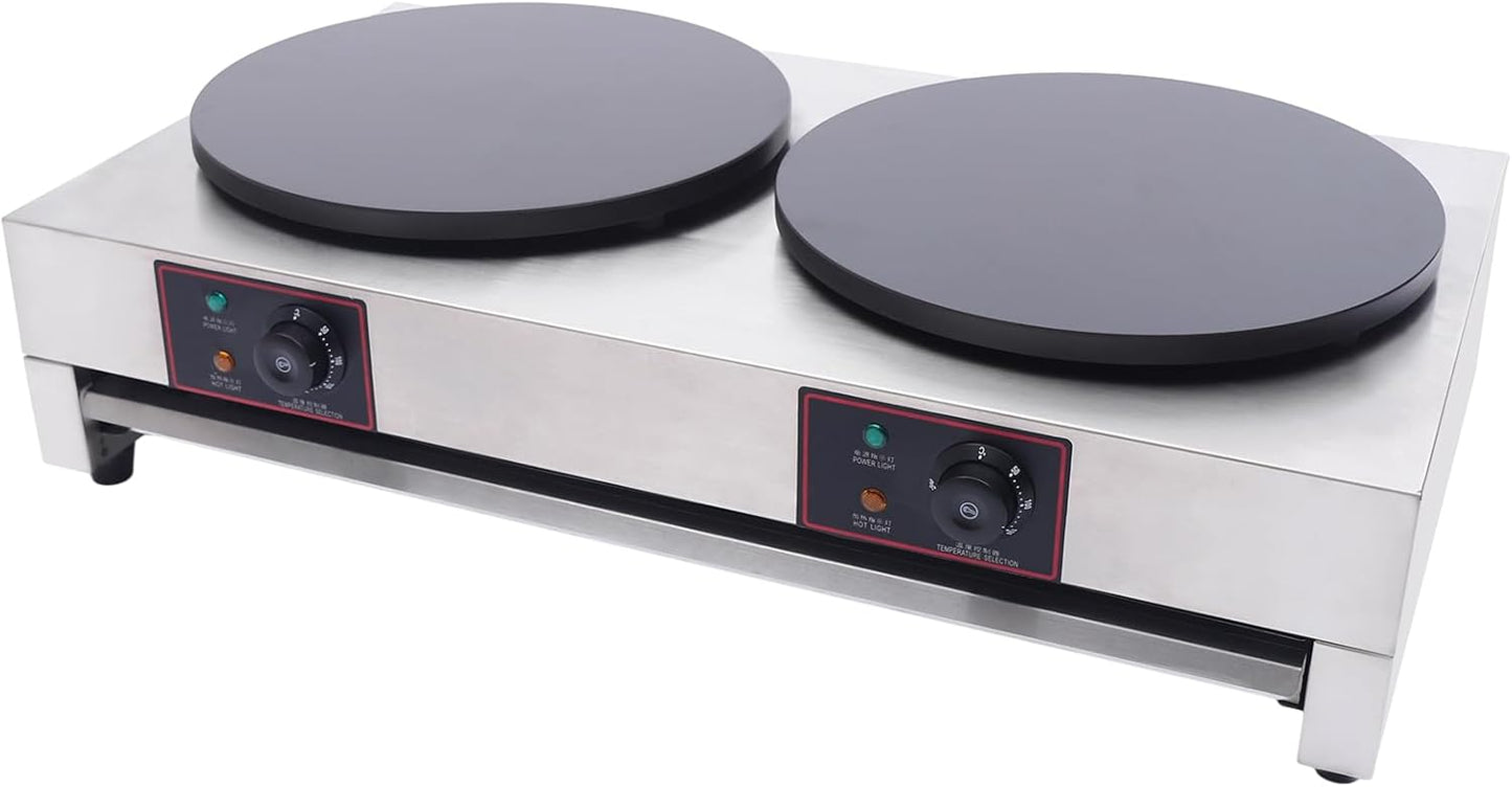 Commercial 2-Burner 15.75 ” Electric Griddle & Crepe Maker Machine Electric Crepe Maker with Adjustable Temperature forof crepes, pancakes, etc.,Non-Stick Crepe Pan & Spatula