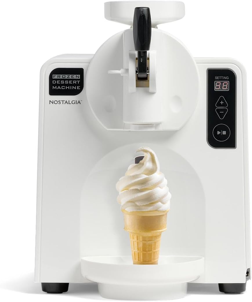 Nostalgia Easy-Dispensing Soft Serve Ice Cream & Frozen Dessert Machine, Makes 1 Quart of Ice Cream, Milkshakes, Frozen Yogurt, Gelato in Minutes, Ice Cream Sandwiches, With LED Display, White