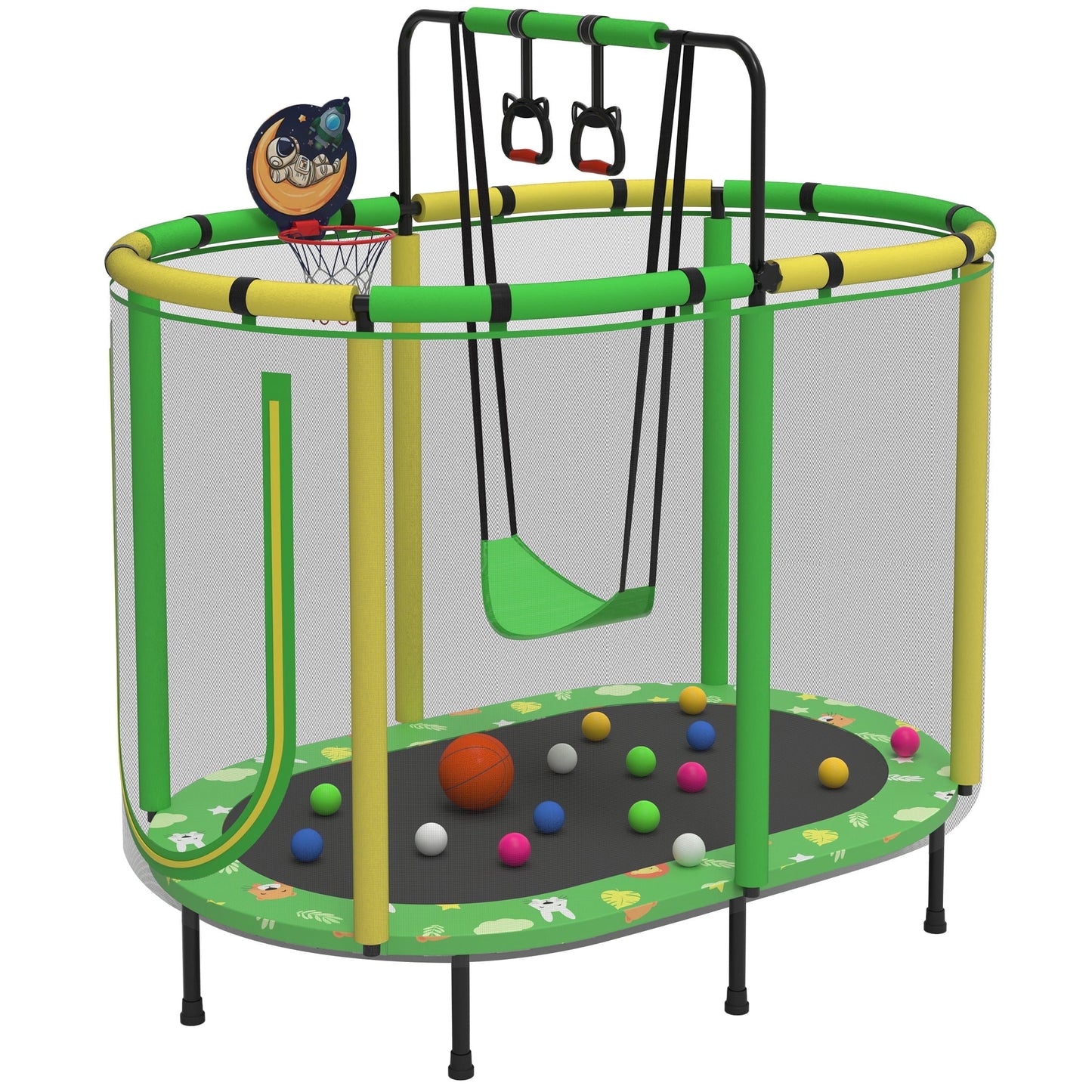 60" Toddler Trampoline with Safety Enclosure Net, SEGMART Upgraded Kids Trampoline with Basketball Hoop, Swing, Rings, Balls, Indoor Outdoor Mini Trampoline Birthday Gift for Kids Ages 3-9