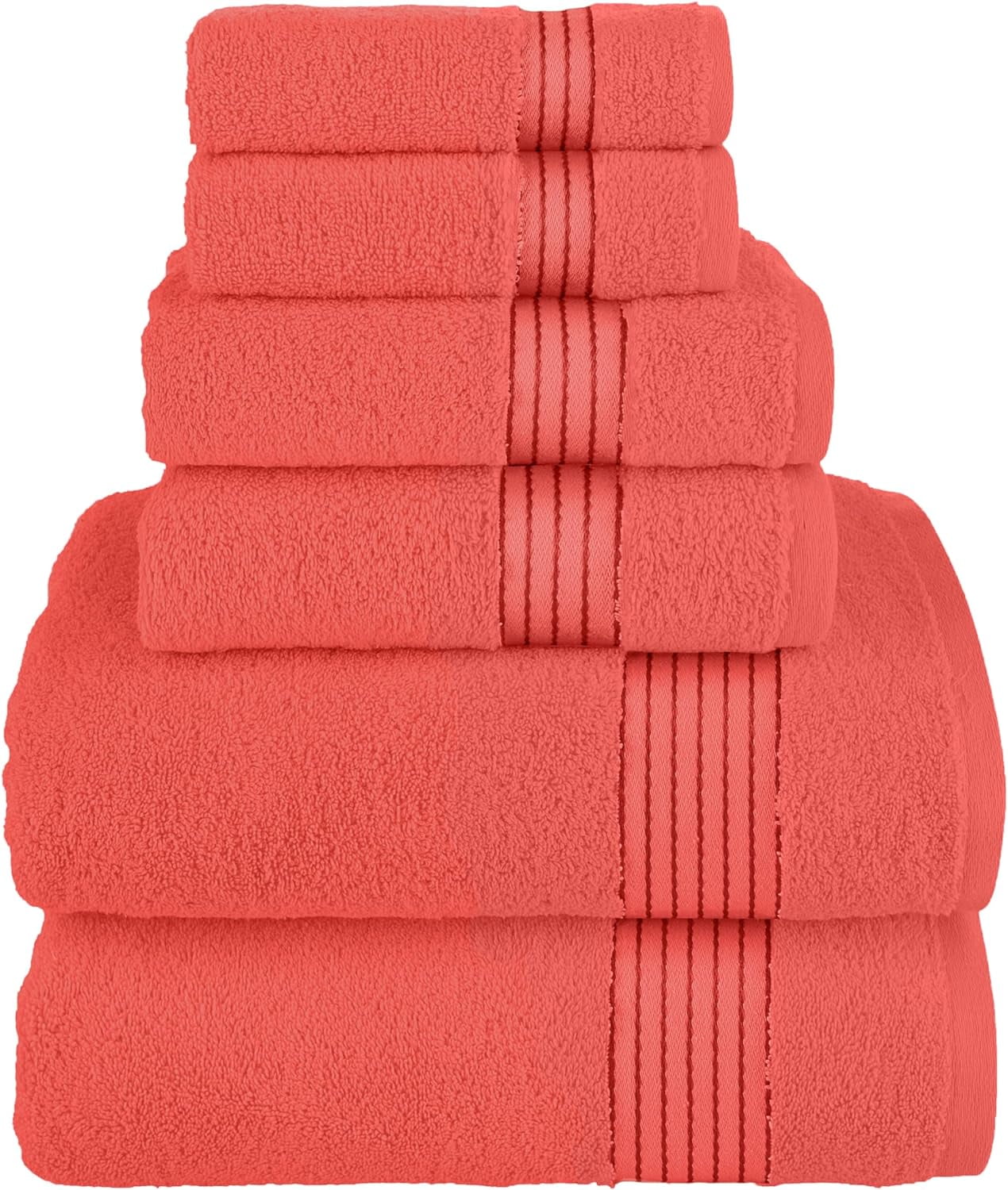 6 Piece Towel Set, 100% Turkish Cotton Soft Absorbent Towels for Bathroom, 2 Bath Towels 2 Hand Towels 2 Washcloths, Coral