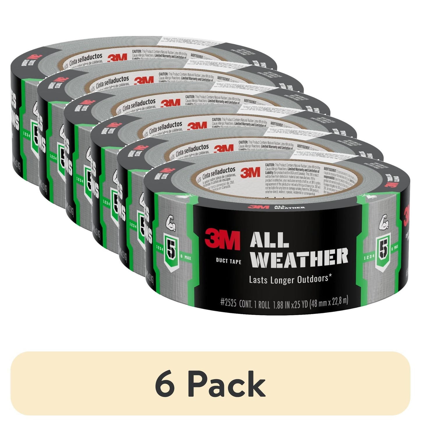 (6 pack) 3M All Weather Duct Tape, Black, Lasts Longer Outdoors, 1.88 in. x 25 yd., 1 Roll