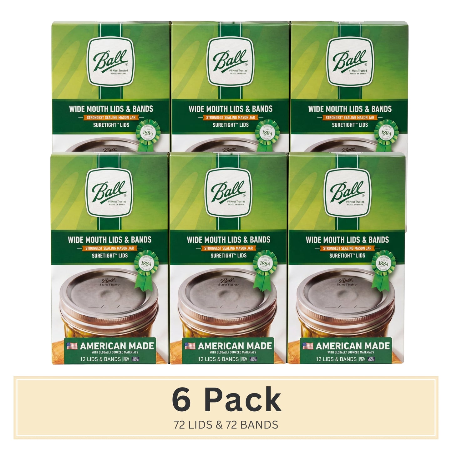(6 pack) Ball, Wide Mouth Lids with Bands, BPA Free, 12 Count