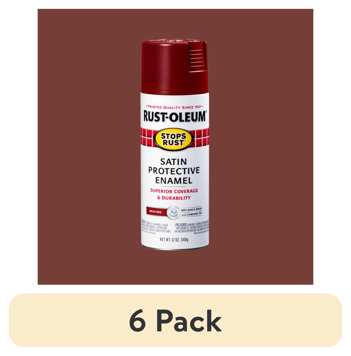 (6 pack) Rojo Ladrillo, Rust-Oleum Detiene el Óxido Esmalte Protector Satinado Pintura en Aerosol-371671, 12 oz