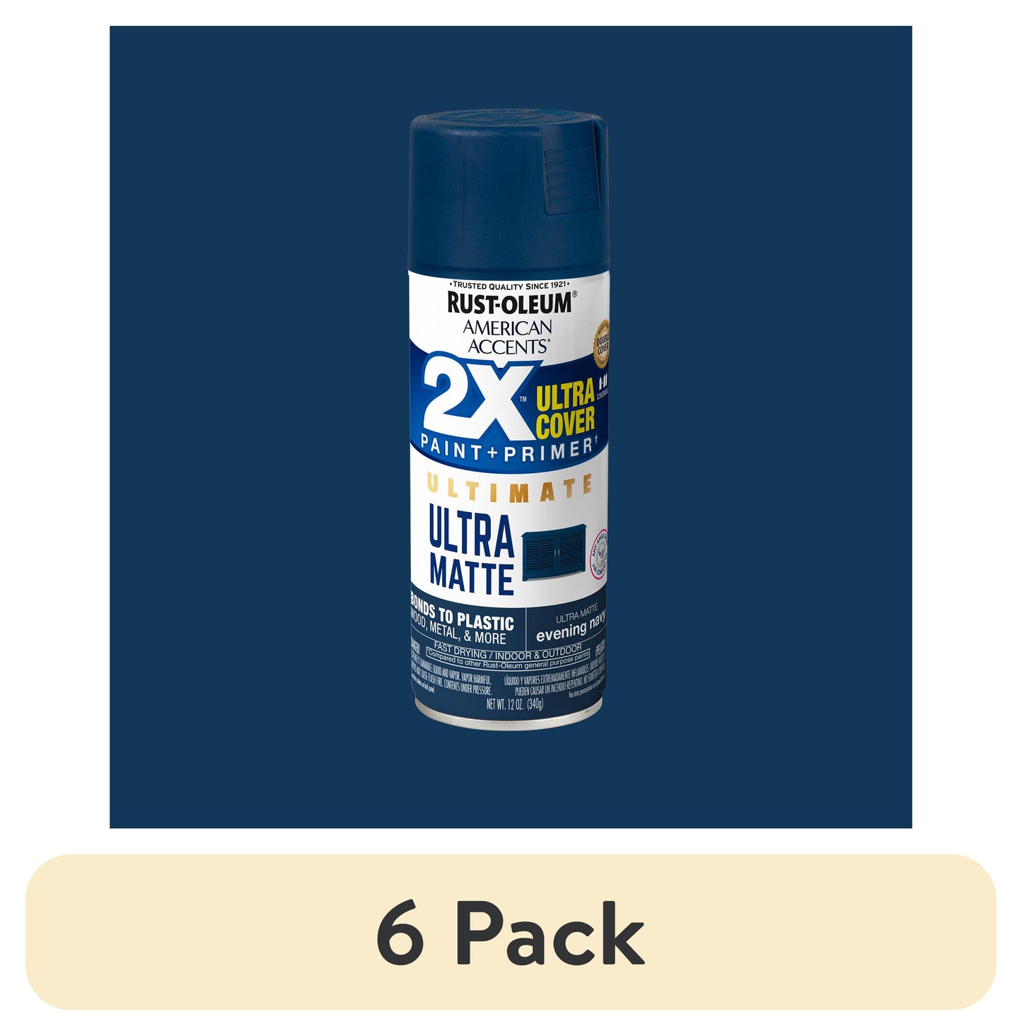 (6 pack) Evening Navy, Rust-Oleum American Accents 2X Ultra Cover Ultra Matte Spray Paint-328393, 12 oz