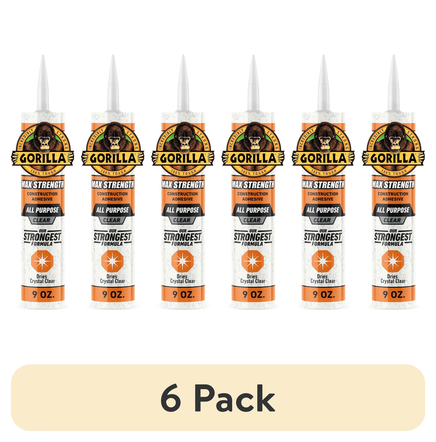 (6 pack) Gorilla Glue Clear Max Strength Construction Adhesive, 9 Ounce Size Cartridge, 1 Count. Model 8212302