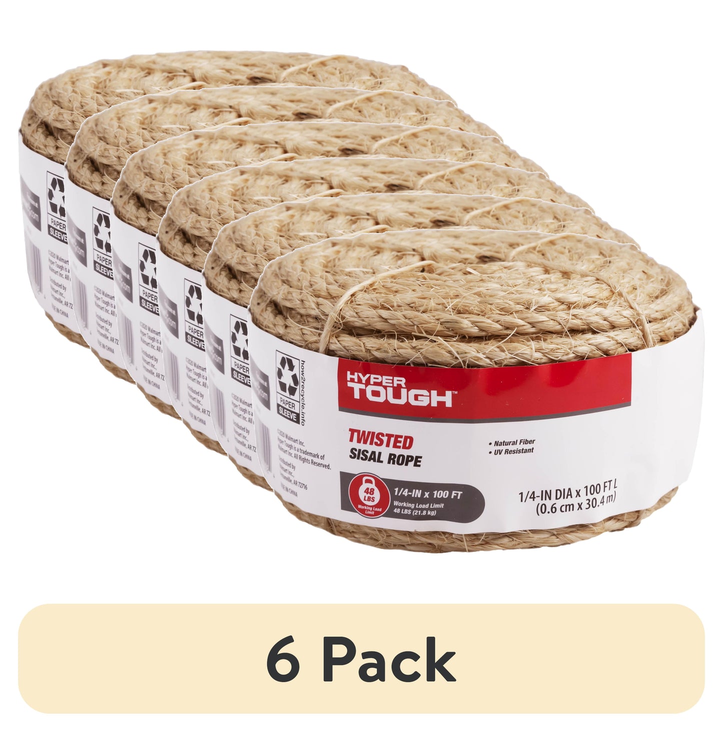 (Paquete de 6) Hyper Tough ArtÃculo# 8010L-HT, Cuerda Torcida de Sisal, Color Natural, 1/4" x 100', 1 Unidad