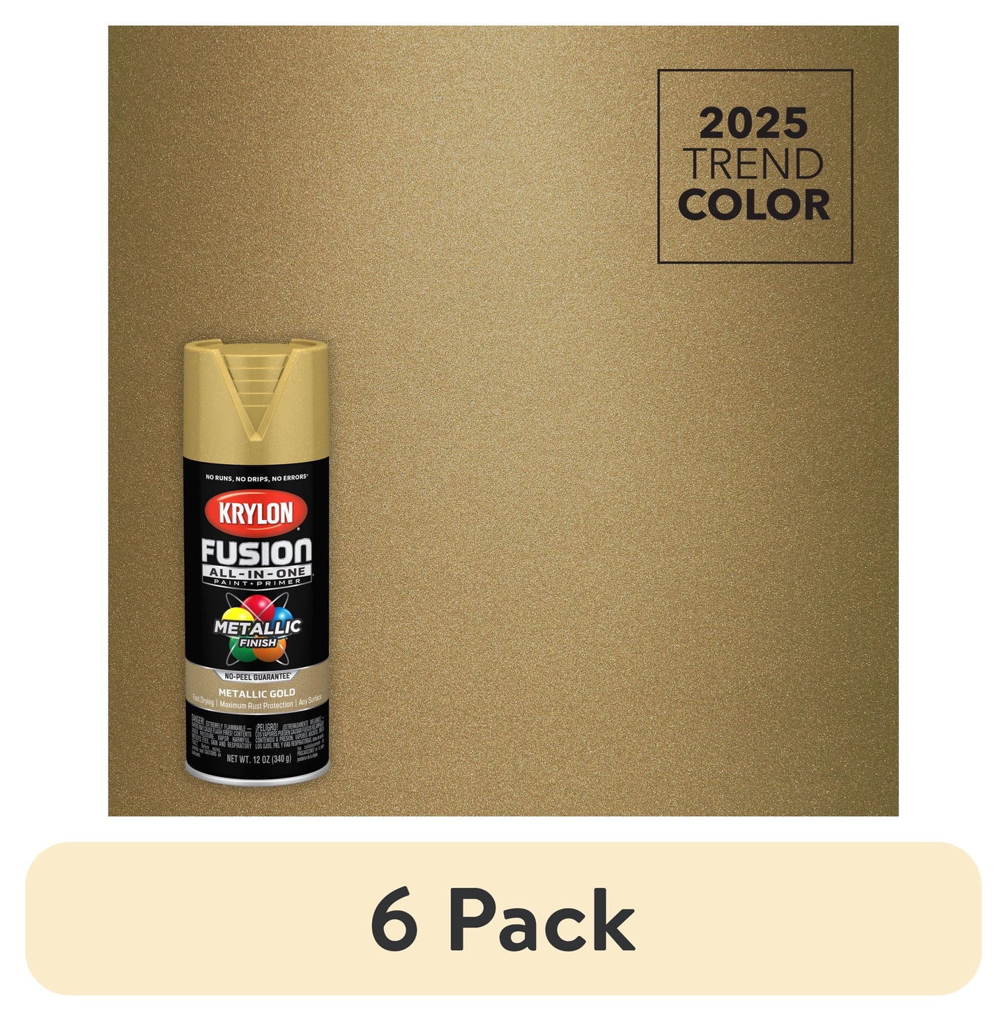 (6 pack) Krylon Fusion All-In-One Metallic, Metallic, Gold, 12 oz