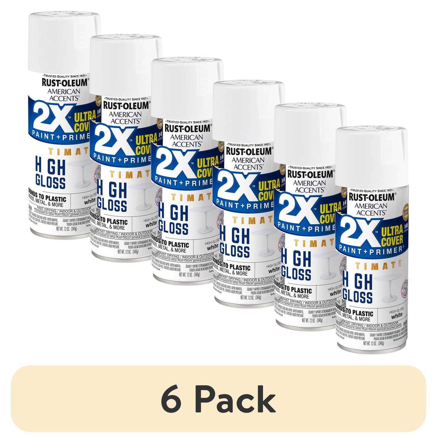 (6 pack) White, Rust-Oleum American Accents Ultra Cover 2X High Gloss Spray Paint-328373, 12 oz