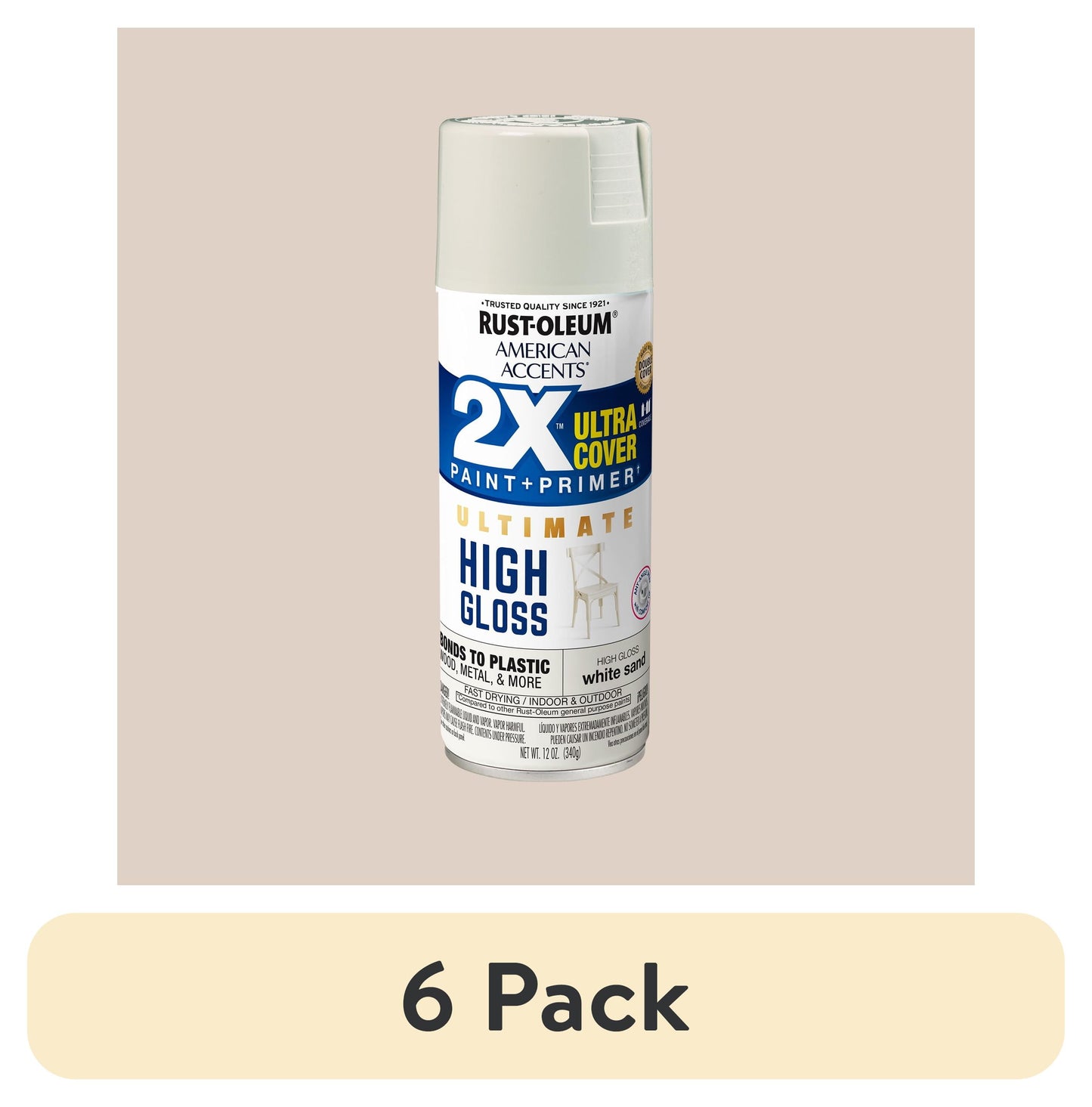 (6 pack) Arena Blanca, Rust-Oleum American Accents 2X Ultra Cover Pintura en Aerosol de Alto Brillo-344688, 12 oz