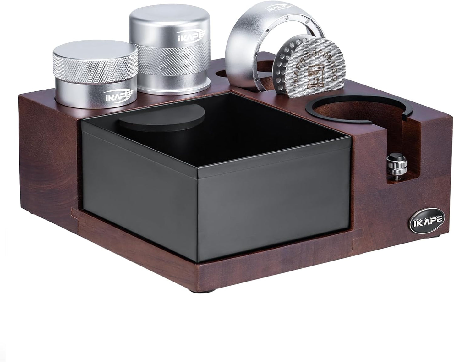 IKAPE 53MM Espresso Tamper Kit 6 IN 1 Silver, Coffee Tamper, Gravity Espresso Distributor, Magnetic Dosing Funnel, Puck Screen 2pcs, Espresso Knock Box & Station 2 IN 1