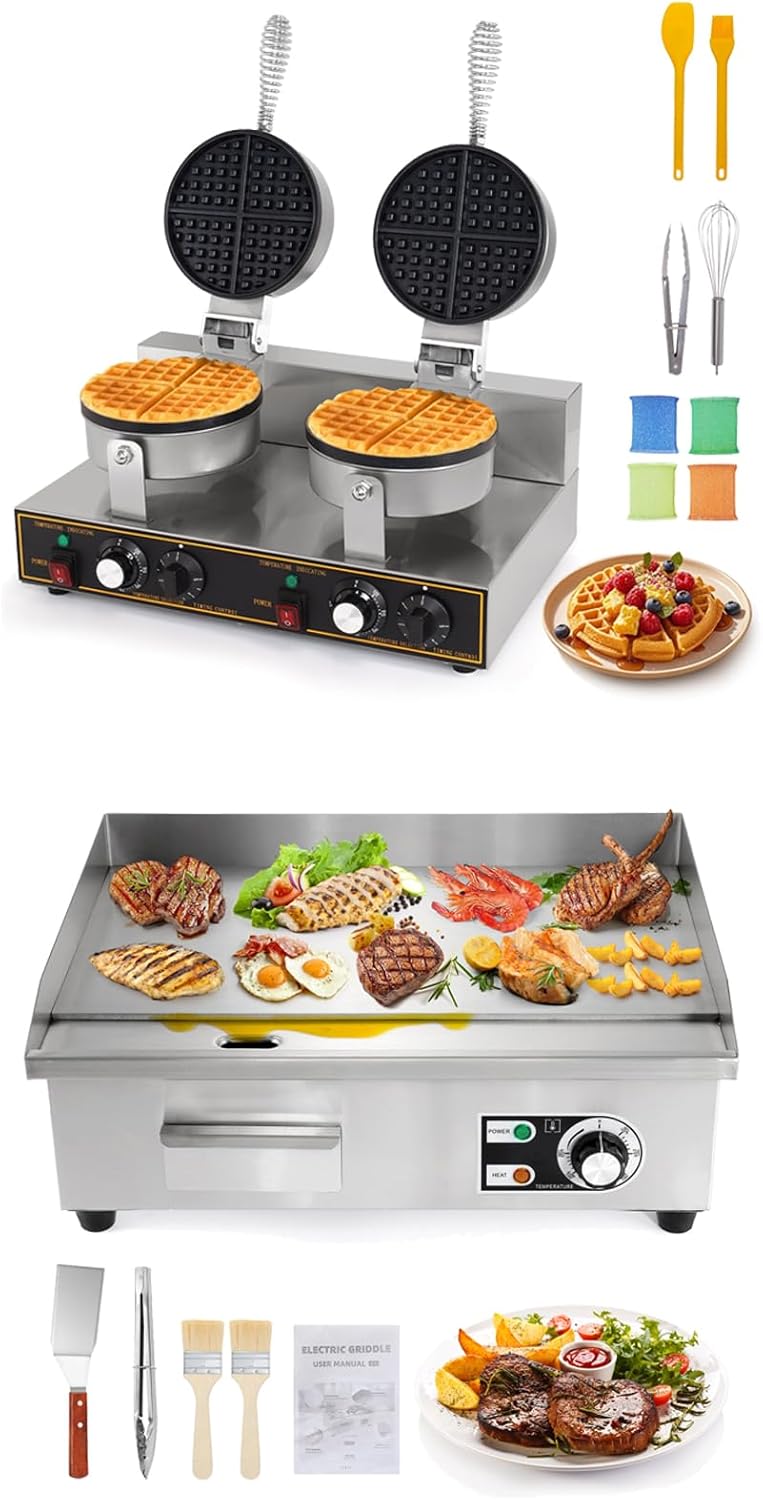 Dyna-Living 2400W Double-Head Commercial Waffle Maker & 3000W Commercial Electric Griddle 22'' Flat Top Grill Countertop